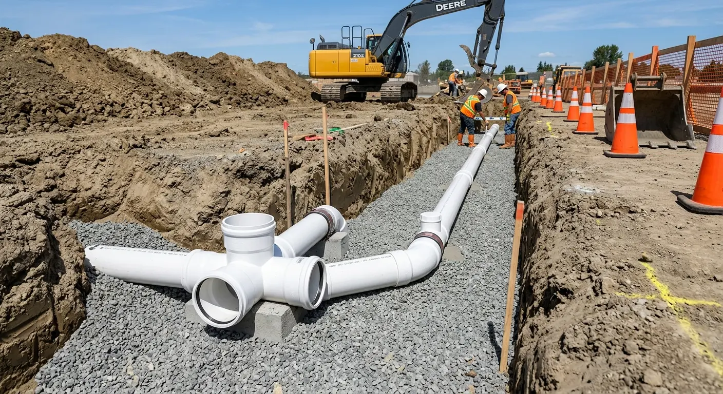 New PVC sewer pipe installation in open trench for Sewer Backup in Kansas City